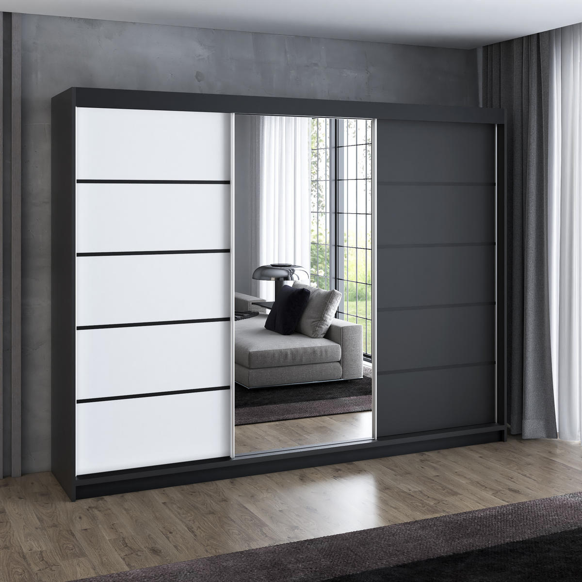 SCHWEBETÜRENSCHRANK 200 cm VILANO 2 Farbe: Schwarz, Weiß, Schwarz - Schwarz/Weiß, Holzwerkstoff (200/215/59.5cm) - A&J MöbelLand
