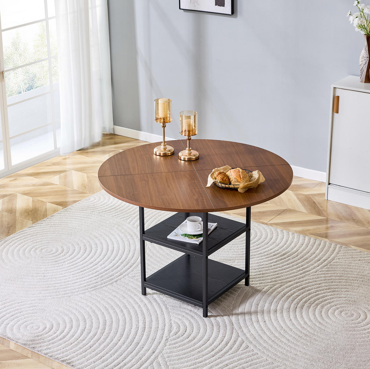 ESSTISCH aus MDF und Metall 107x107x75 cm Schwarz/Walnussfarben mit 2 offenen Ablagen im Industrial-Stil - Schwarz, Holzwerkstoff (107/107/75cm) - Modfu