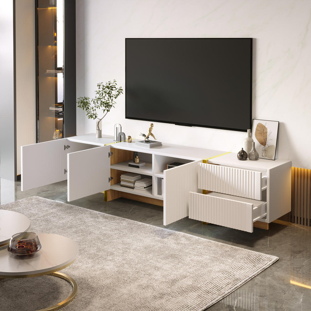 TV-RACK 190cm WeißGold Holzmaserung Mit 3 Türen Und 2 Schubladen - Weiß, Holz (44.48/17.48/103.48cm) - Raelunyi