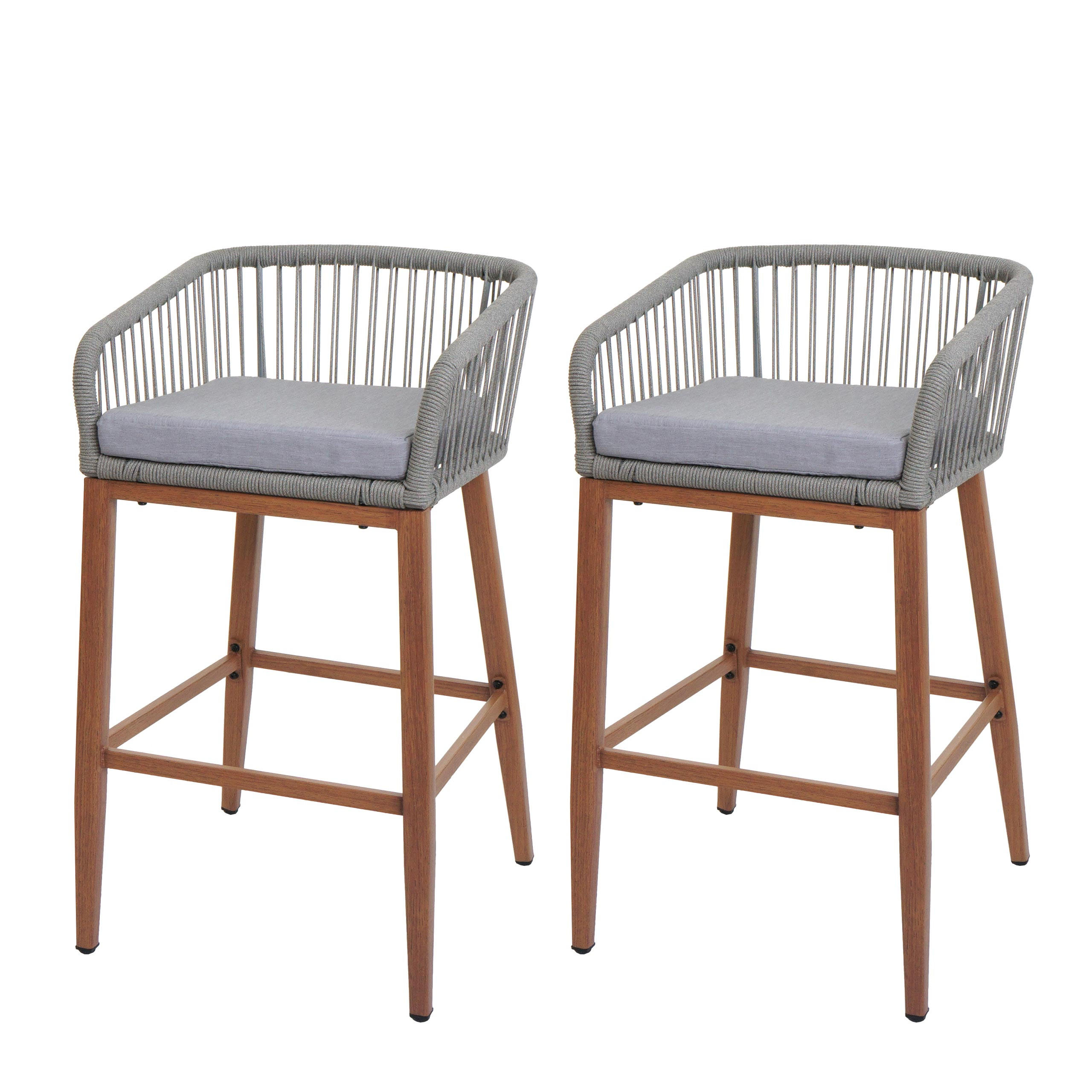 GARTENSTUHL 2er-Set HxBxT 92x51x53cm Sitzhöhe 76cm Hellgrau Kissen Hellgrau Seilgeflecht Metall Holz-Optik - Hellgrau, Metall (51/92/53cm) - PROREGAL