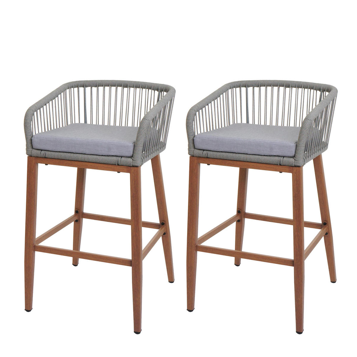 GARTENSTUHL 2er-Set HxBxT 92x51x53cm Sitzhöhe 76cm Hellgrau Kissen Hellgrau Seilgeflecht Metall Holz-Optik - Hellgrau, Metall (51/92/53cm) - PROREGAL