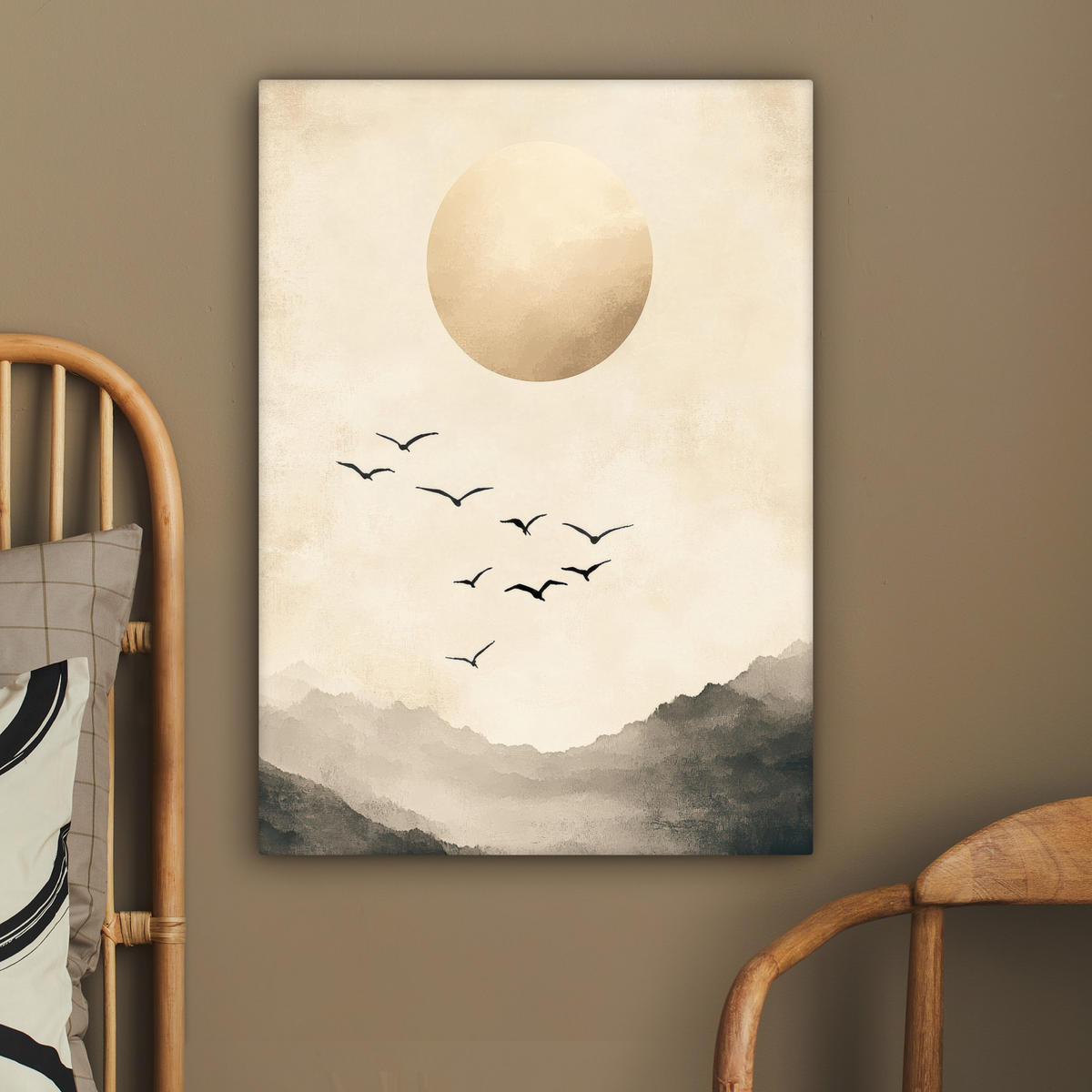 LEINWANDBILD Landschaft - Japandi - Vogel 60x80 cm - Beige, Textil (60/80cm) - MuchoWow