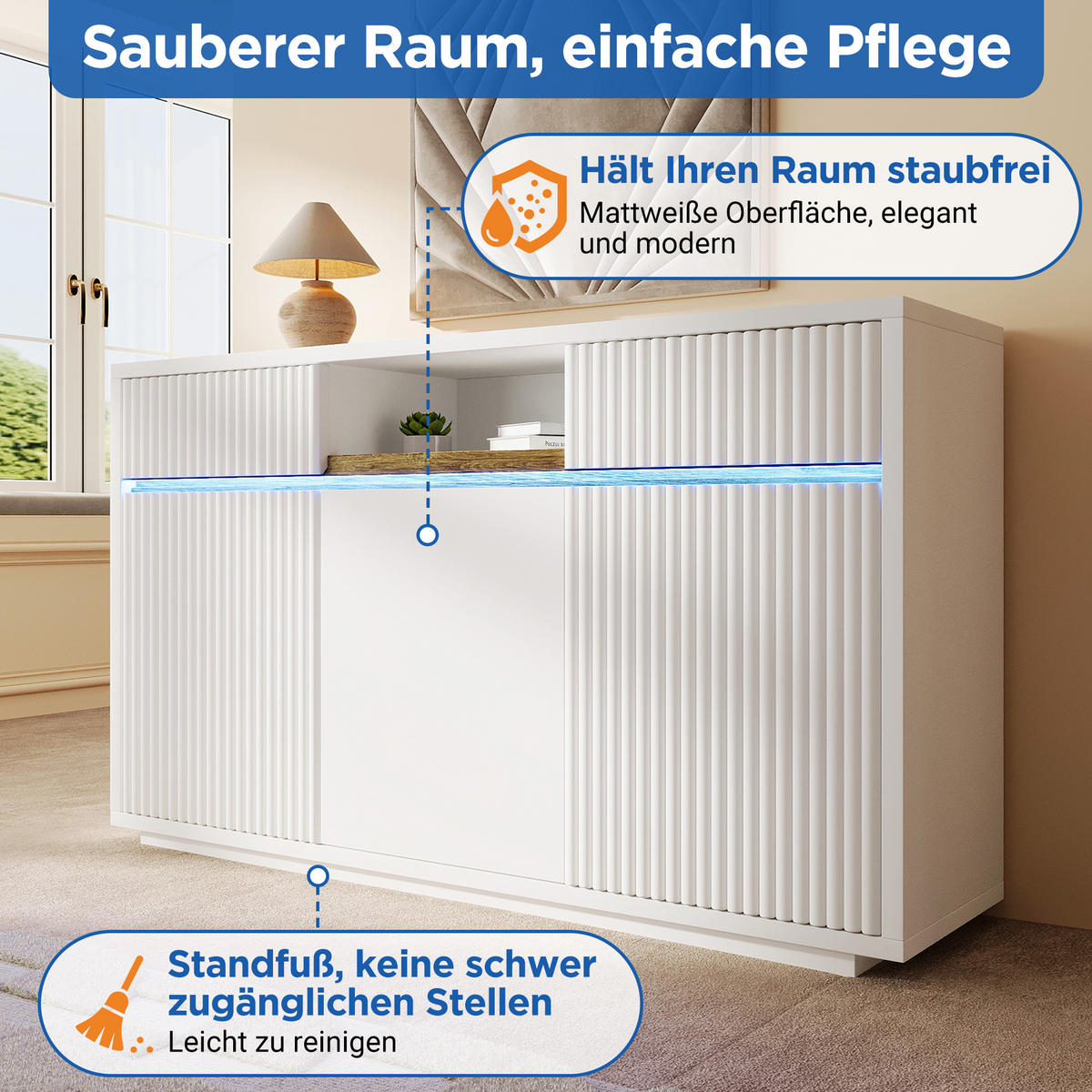 SIDEBOARD mit LED-Beleuchtung, Schubladen, Klapptüren & verstellbaren Böden Weiß Standardgröße Holzwerkstoff - Weiß, Holzwerkstoff (140/85/40cm) - EVRYAE