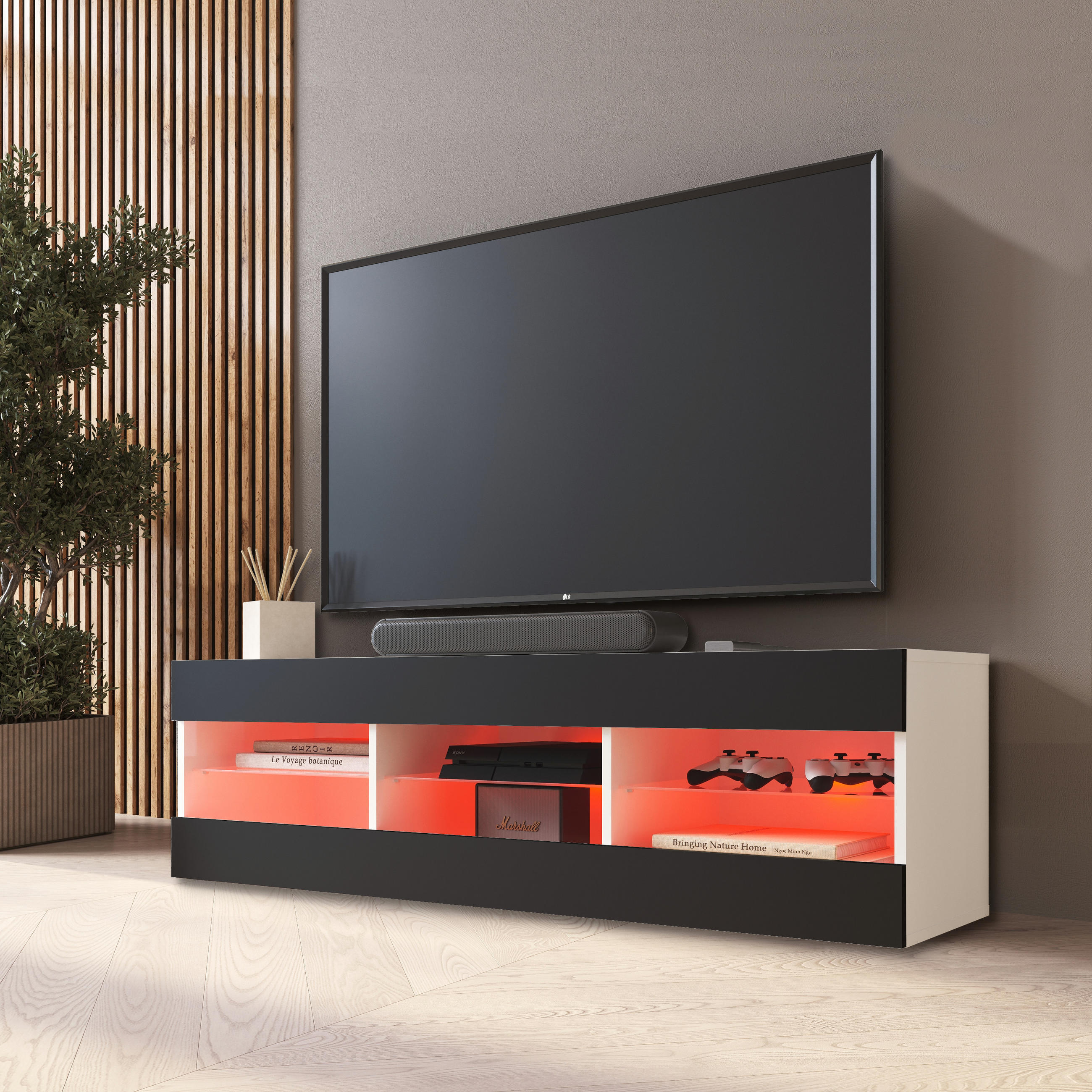 LOWBOARD TIVOLI RTV 140, Schwarz, LED Mehrfarbige - Schwarz/Weiß, Glas/Holzwerkstoff (140/40.5/35.5cm) - Komodee