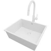 GRANITSPÜLE London Slim, 2-er set Alles Weiß 56/47 cm 1 Becken + Küchenarmatur 40/20 cm + Ablauf-Set ab 60er Unterschrank - Weiß, Kunststoff (56/20/47cm) - Primagran