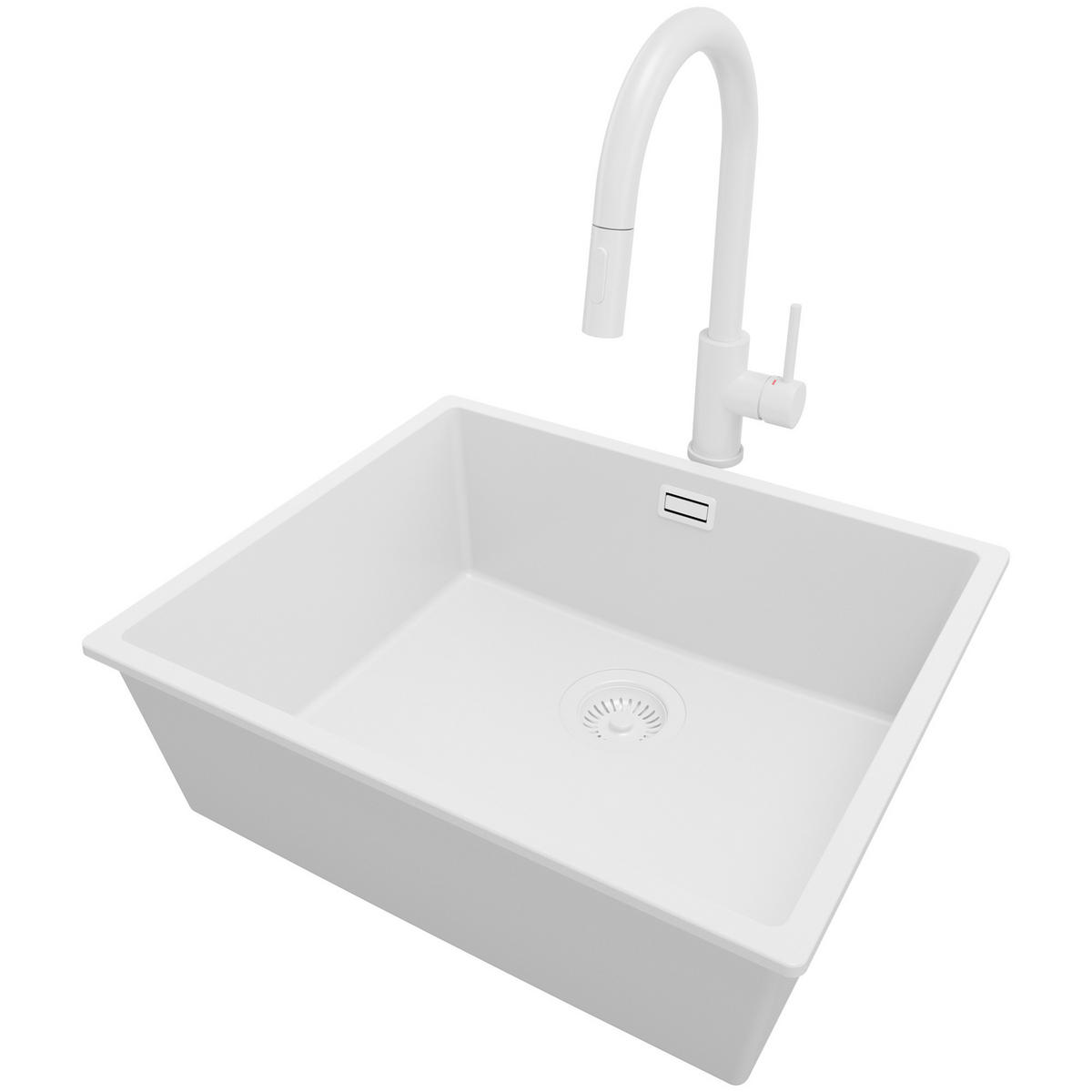 GRANITSPÜLE London Slim, 2-er set Alles Weiß 56/47 cm 1 Becken + Küchenarmatur 40/20 cm + Ablauf-Set ab 60er Unterschrank - Weiß, Kunststoff (56/20/47cm) - Primagran