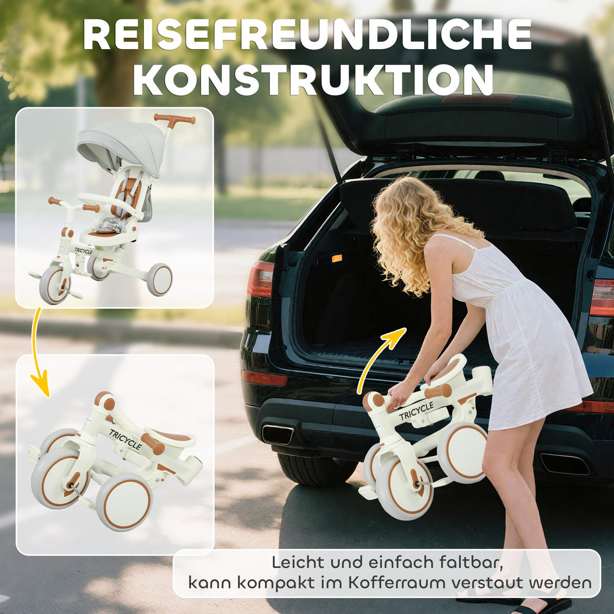 DREIRAD 5-in-1 mit Schubstange für 1-3 Jahre Faltbar mit reversiblem Sitz Creme - Creme, Metall (96.5/49/101cm) - AIYAPLAY