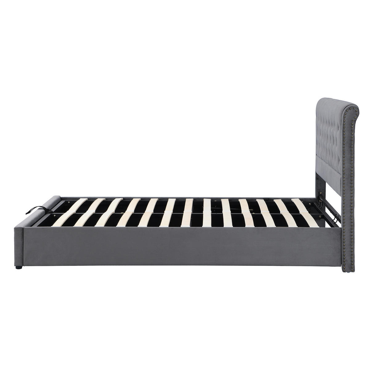 ČALOUNĚNÁ postel 140/200 cm šedá ze sametu s úložným prostorem a lamelovým roštem - tmavě šedá, textil (140/200cm) - OKWISH