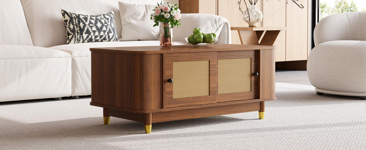 COUCHTISCH Rattan Schiebetüren - Walnussfarben, Holzwerkstoff (50/100/42cm)