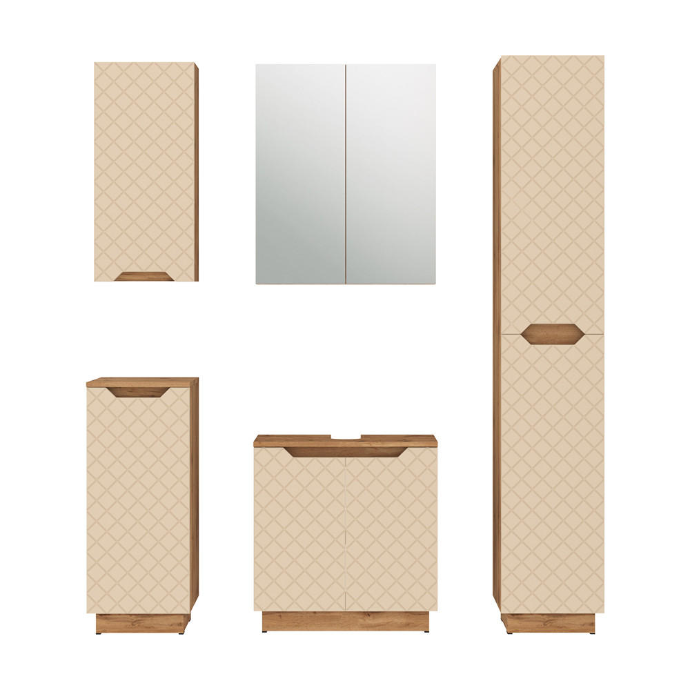 BADMÖBEL-SET Lotta Eiche/Kaschmir mit Kachelstruktur 5 Teile - Kaschmir/Eichefarben, Holzwerkstoff (59.8/62.1/32cm) - Vicco