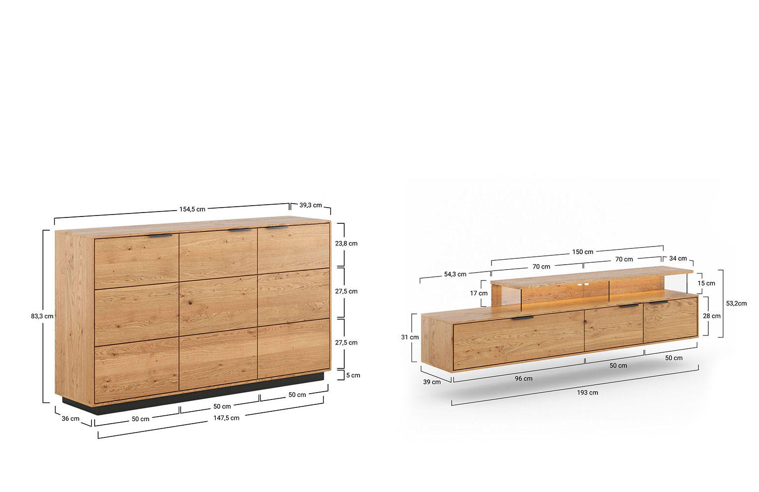 Thumbnail - Feldmann-Wohnen Wohnwand, Eiche, Schwarz, Holz, 2 Fächer, 354x84x39 cm, Wohnzimmer, Wohnwände, Wohnwand-Sets