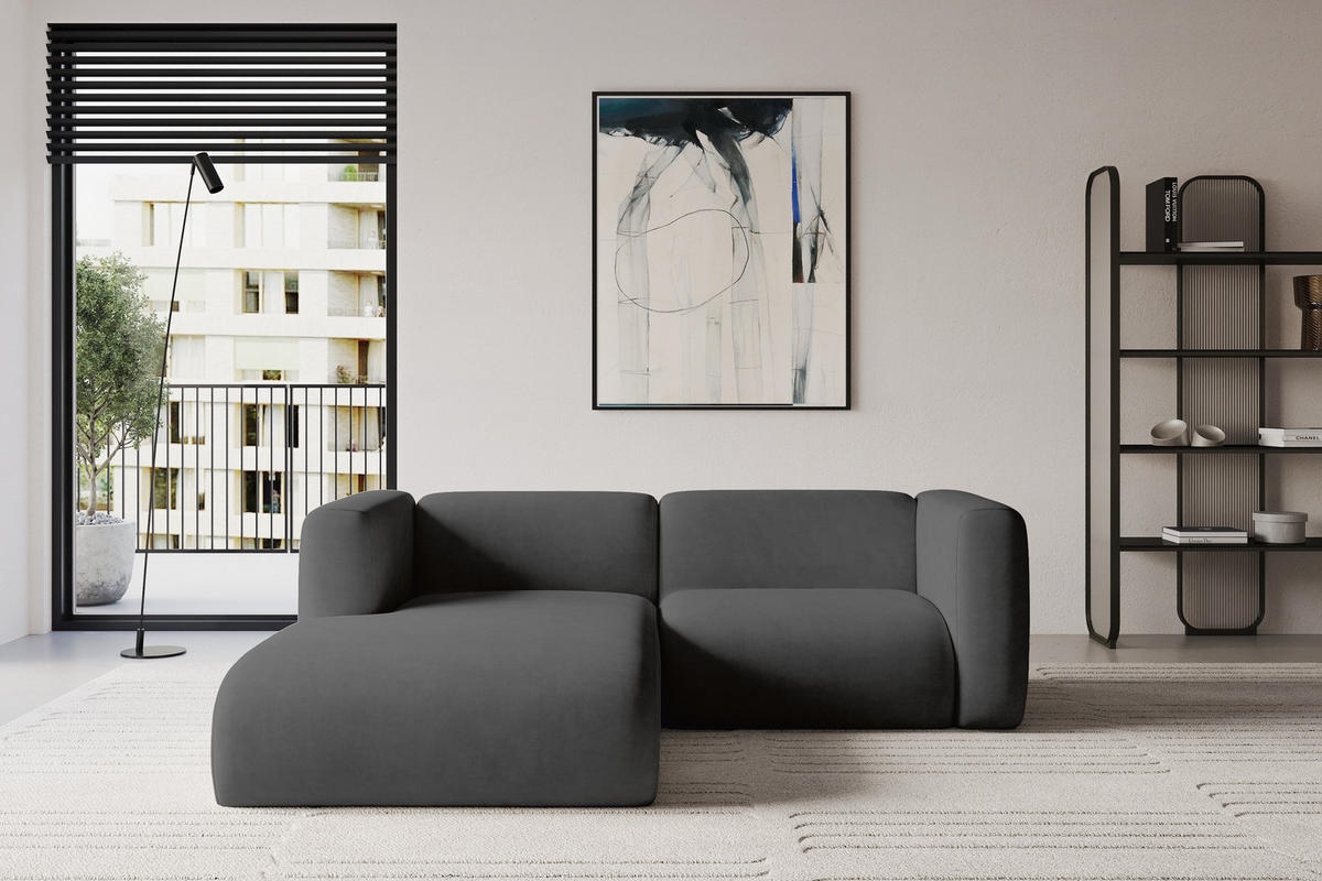 ECKSOFA Ottomane Links MIRA-L1 227x179x89 Dunkelgrau Velours - Dunkelgrau/Schwarz, Holzwerkstoff/Kunststoff (227/179cm) - ALTDECOR