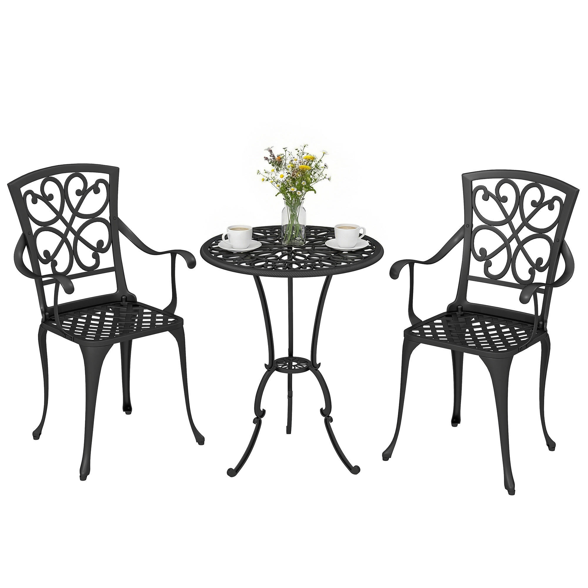 BISTRO-SET DE-07322 3-teilig mit Sonnenschirmloch, Aluminiumguss Antik - Schwarz, Metall - ComfortXL