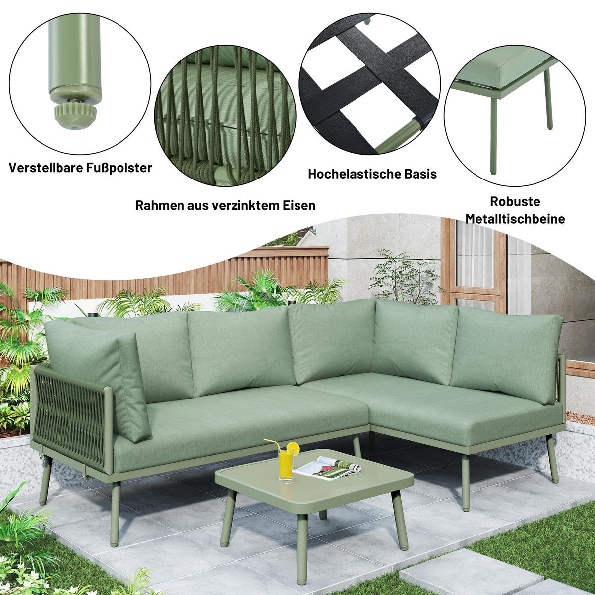 GARTEN-LOUNGE-SET L-Form Grün 3-tlg. - Grün, Metall - ComfortXL