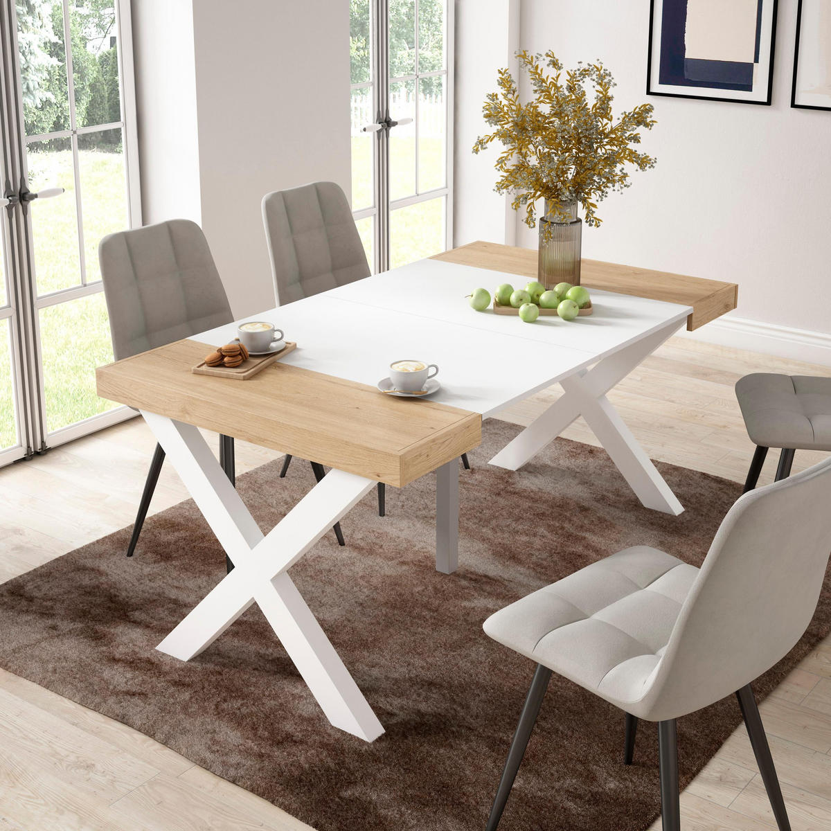 KONSOLENTISCH ausziehbar 58 bis 160cm, für 8 Gäste, eiche weiß, 90/58/73cm - Eichefarben/Weiß, Holzwerkstoff (90/160/73cm) - Skraut Home