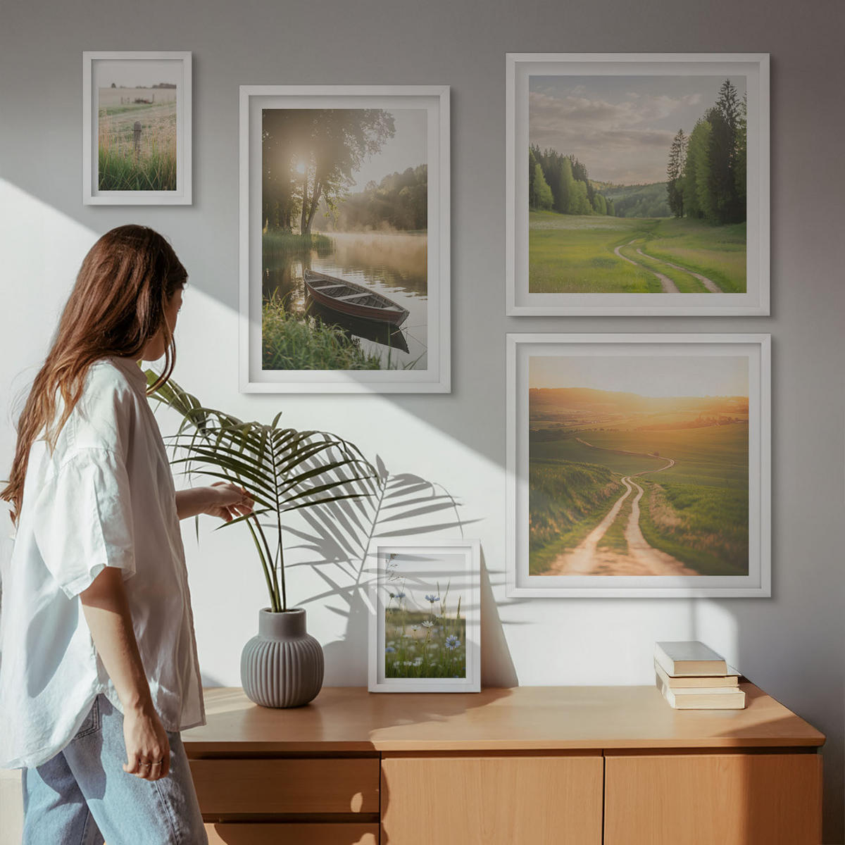 WANDBILDER 5er-Set - 50x50 cm & 20x30 cm & 40x60 cm Weißer Rahmen - Landschaftswiesenstraße West - Weiß, Kunststoff (40/60cm) - ArtPrintCave