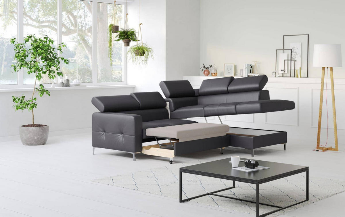 ECKSCHLAFSOFA aus Echtleder mit Schlaffunktion und Bettkasten - Chromfarben/Silberfarben, Leder/Holz (207/242cm) - Cotta