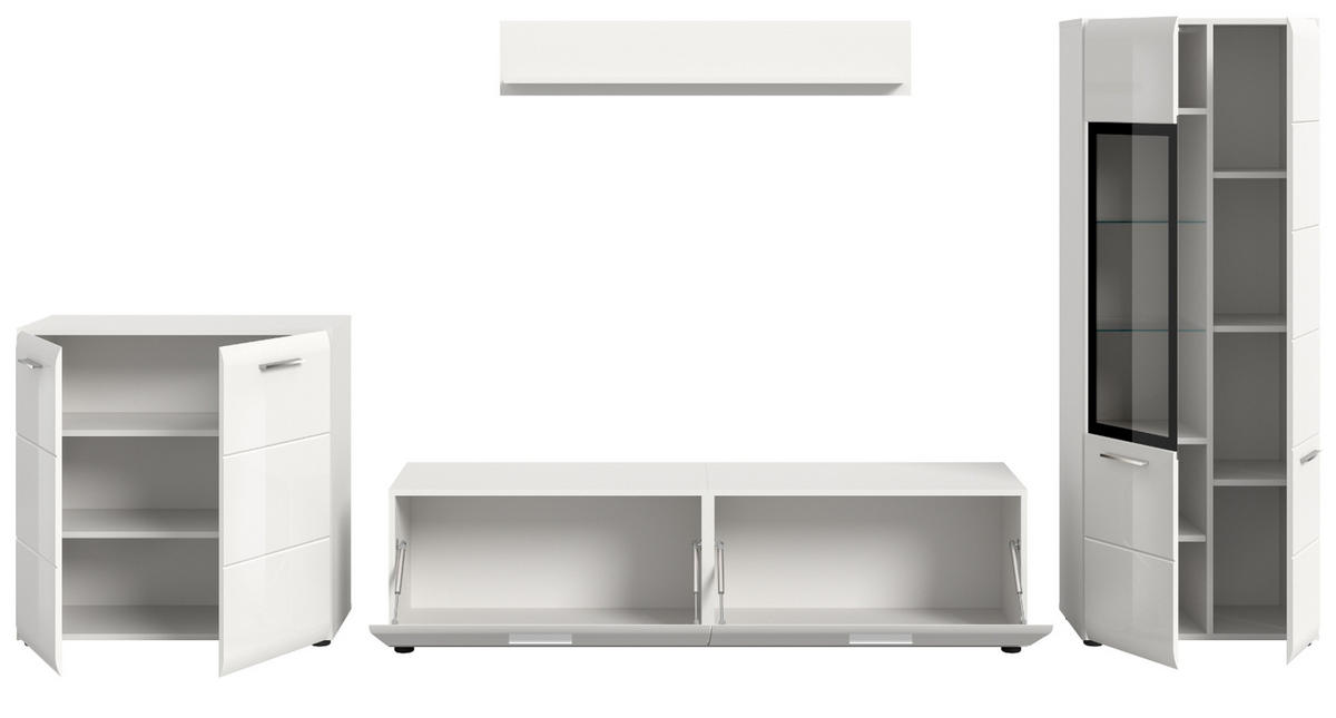 WOHNWAND weiß Hochglanz 4-teilig 330 cm, Schrankwand mit viel Stauraum - Weiß Hochglanz/Silberfarben, Glas/Holzwerkstoff (330/160/41cm) - Inn.Furn