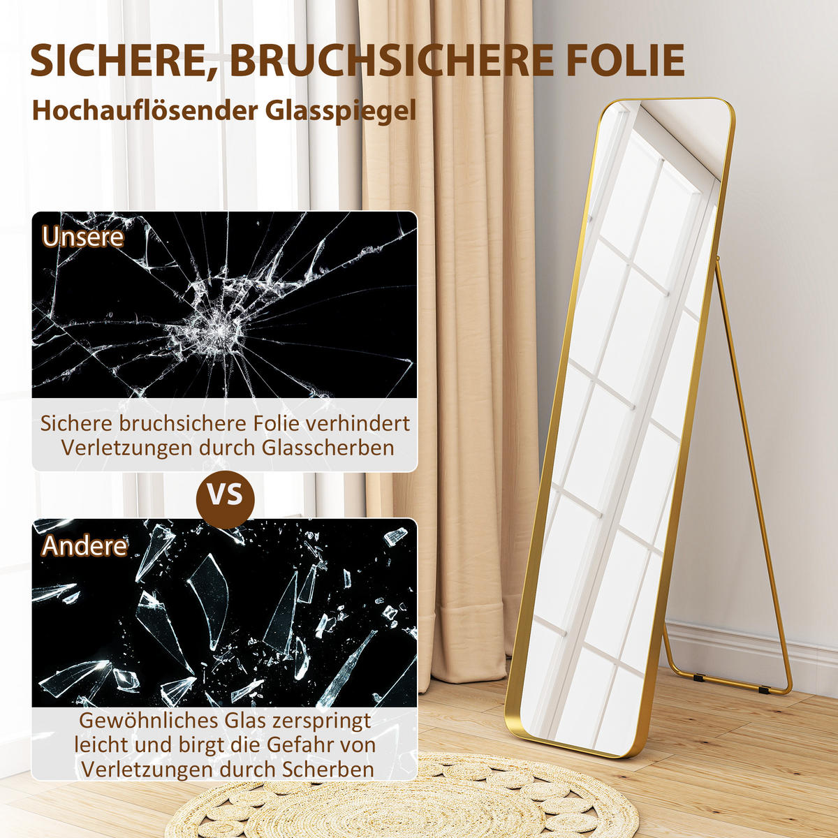 GANZKÖRPERSPIEGEL 160 x 40 cm Gewölbter Standspiegel mit Bruchsichere Glas, Gold - Goldfarben, Metall (40/160/6cm) - HOMCOM