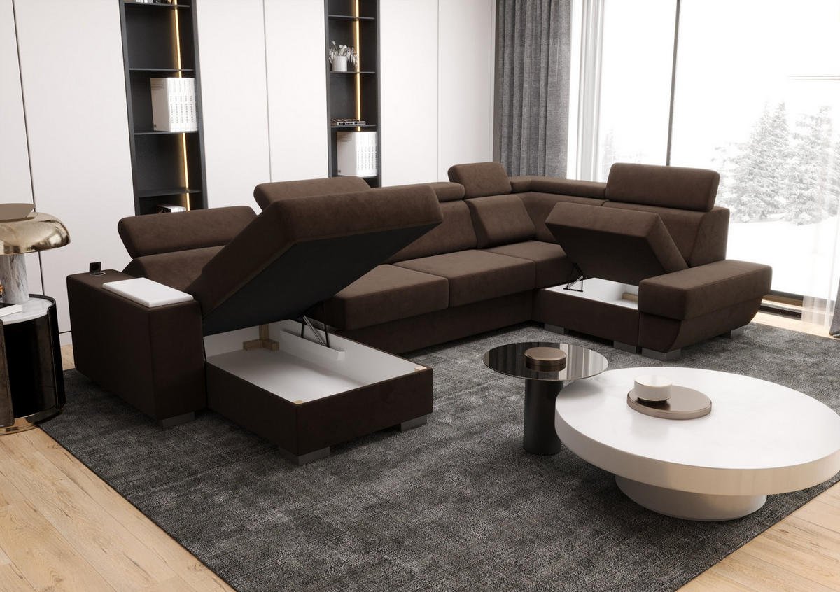 WOHNLANDSCHAFT KONGO RBN20, Eckcouch in U-Form mit Schlaffunktion, Farbe: Schwarz, Kunstleder, Ottomane Links - Schwarz, Textil (340/103/200cm) - O-Sofa