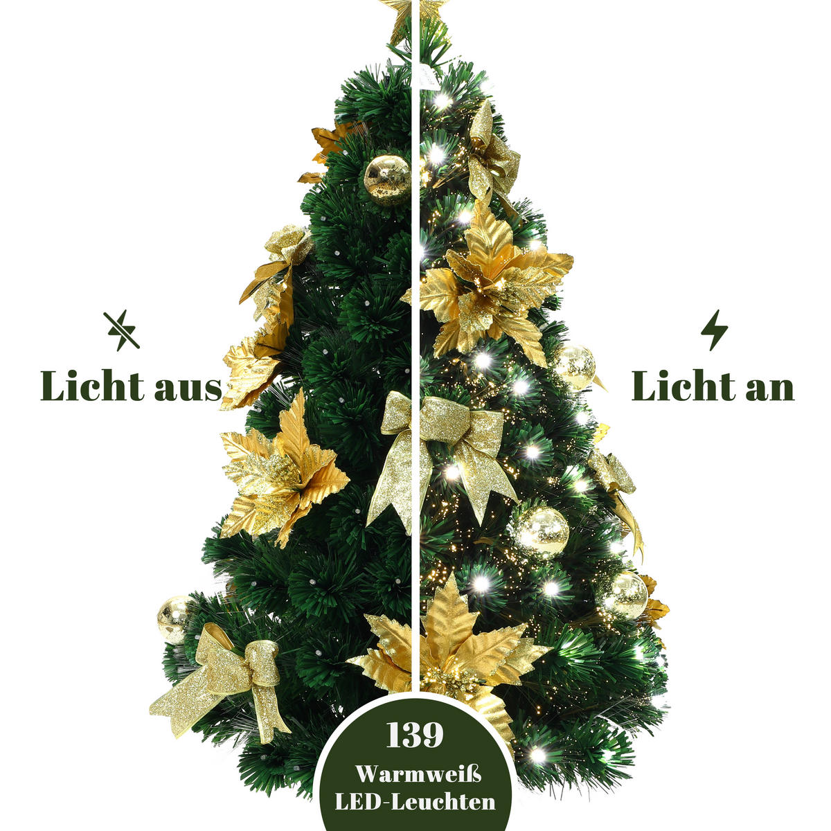 GLASFASER Weihnachtsbaum 120 cm mit 139 LEDs & Golddeko - Grün, Kunststoff (120cm) - Hometopia