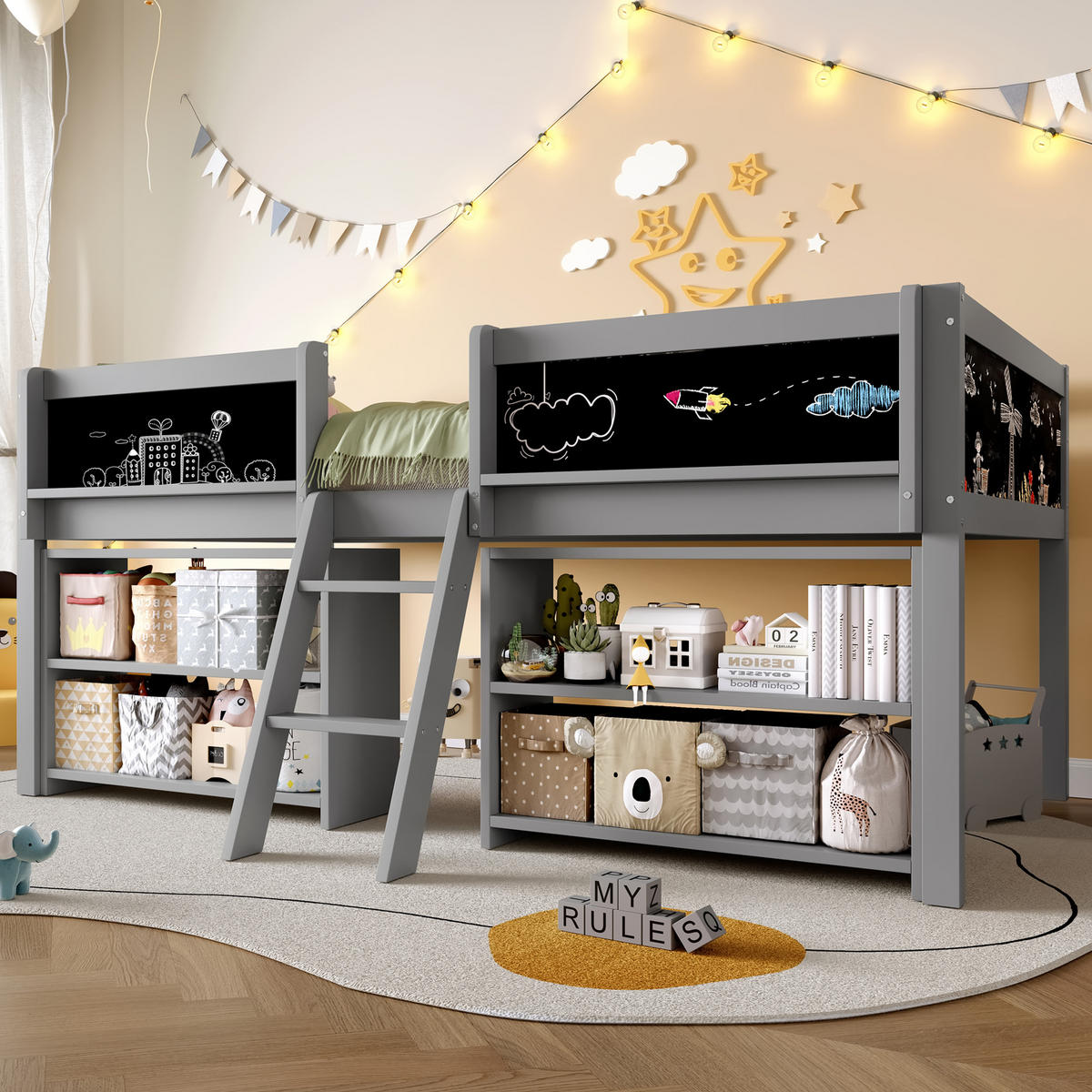 HALBHOHES BETT 90x200cm Grau Kiefer Einlegeböden Geländer Leiter - Grau, Holz (90/200cm) - FLIEKS