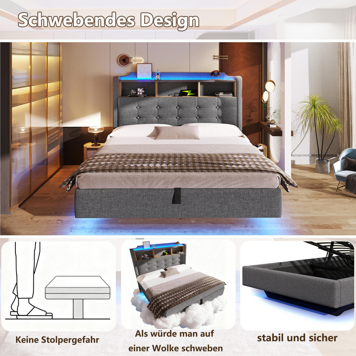 POLSTERBETT 140/200 cm Grau mit LED-Lichtleiste, Staufächer, USB- und Typ-C-Anschlüsse - Grau, Textil (140/200cm) - Oxeza