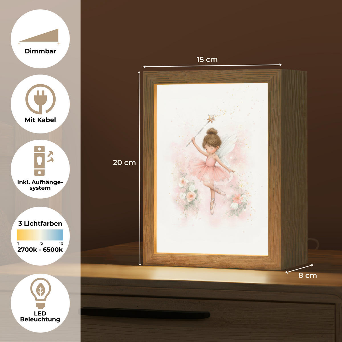 NACHTTISCHLAMPE Ballerina - Fee - Blumen - Rosa 15x20 cm - Rosa, Holzwerkstoff (8/15/20cm)