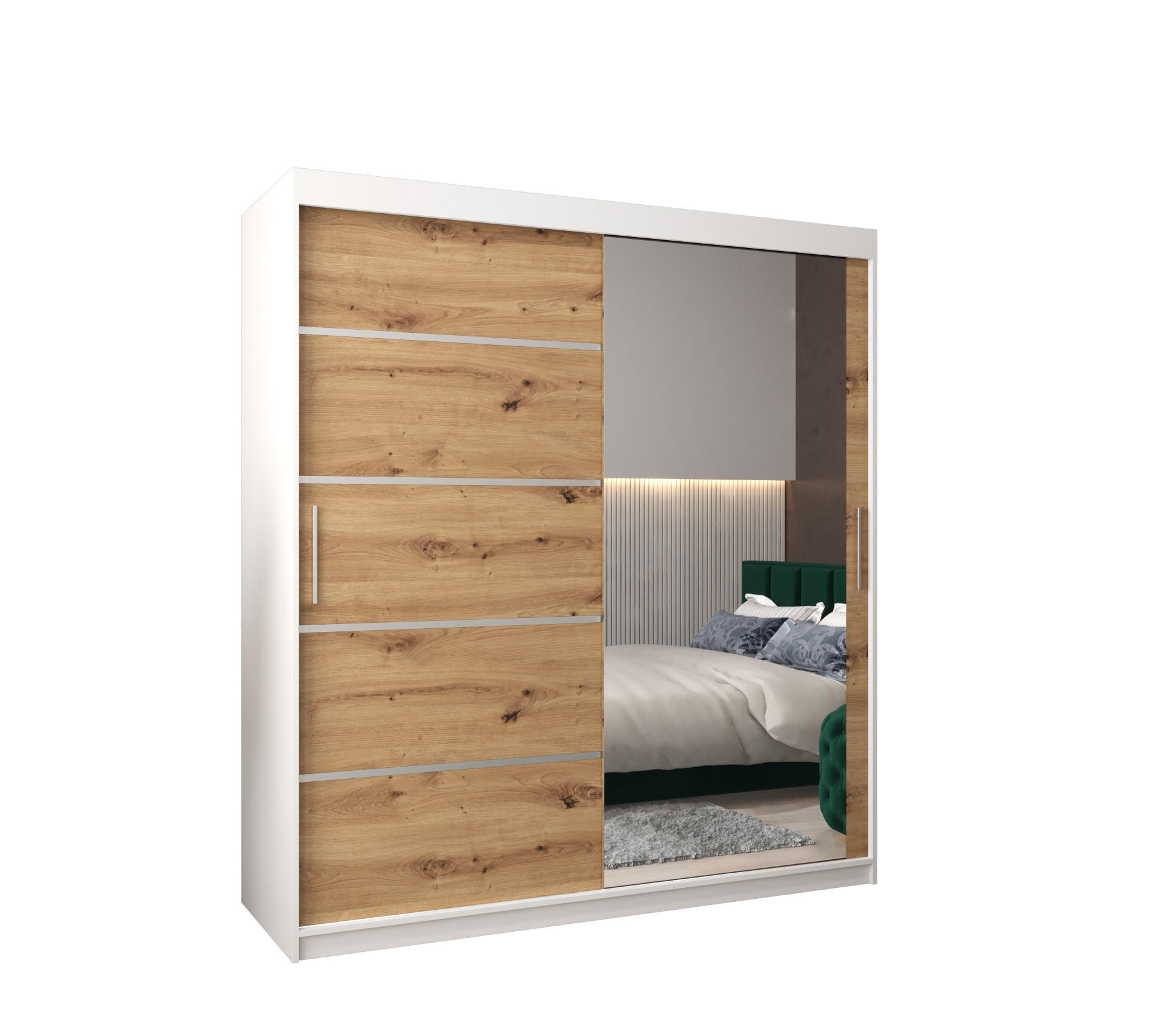 Möbel Kryspol Schwebetürenschrank Weiß, Eiche Artisan, Silber 180x200x62 cm