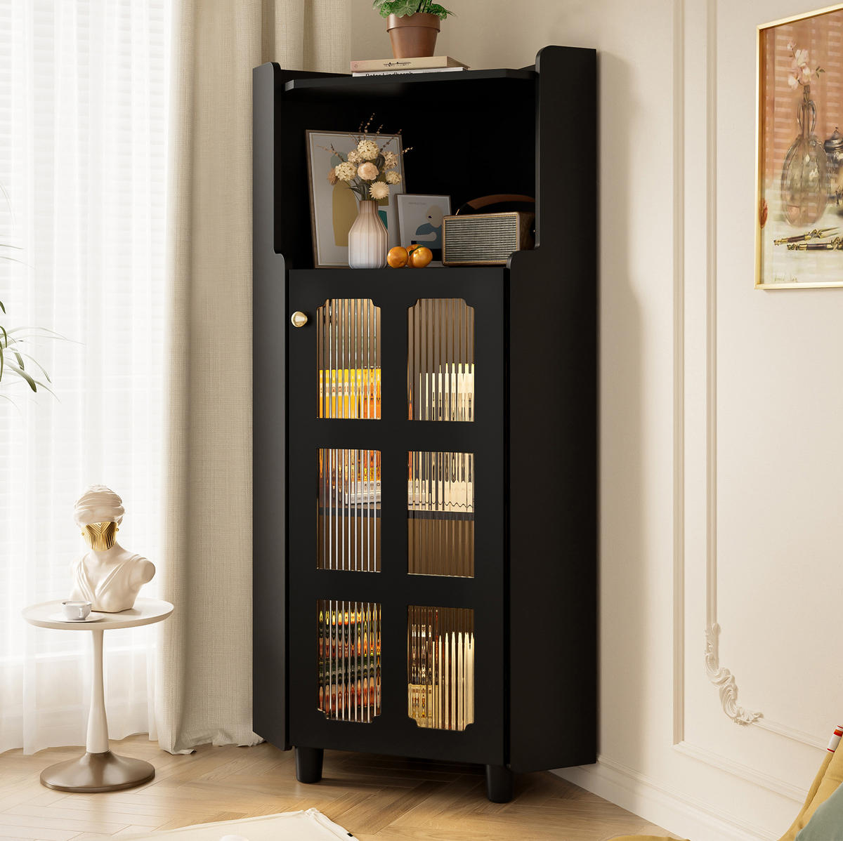 LED-ECKSCHRANK 63.5x16.5x124 cm Schwarz aus Spritzglas mit App-LED & 2-in-1 Stauraum - Schwarz, Holzwerkstoff (63.5/124/16.5cm) - Modfu