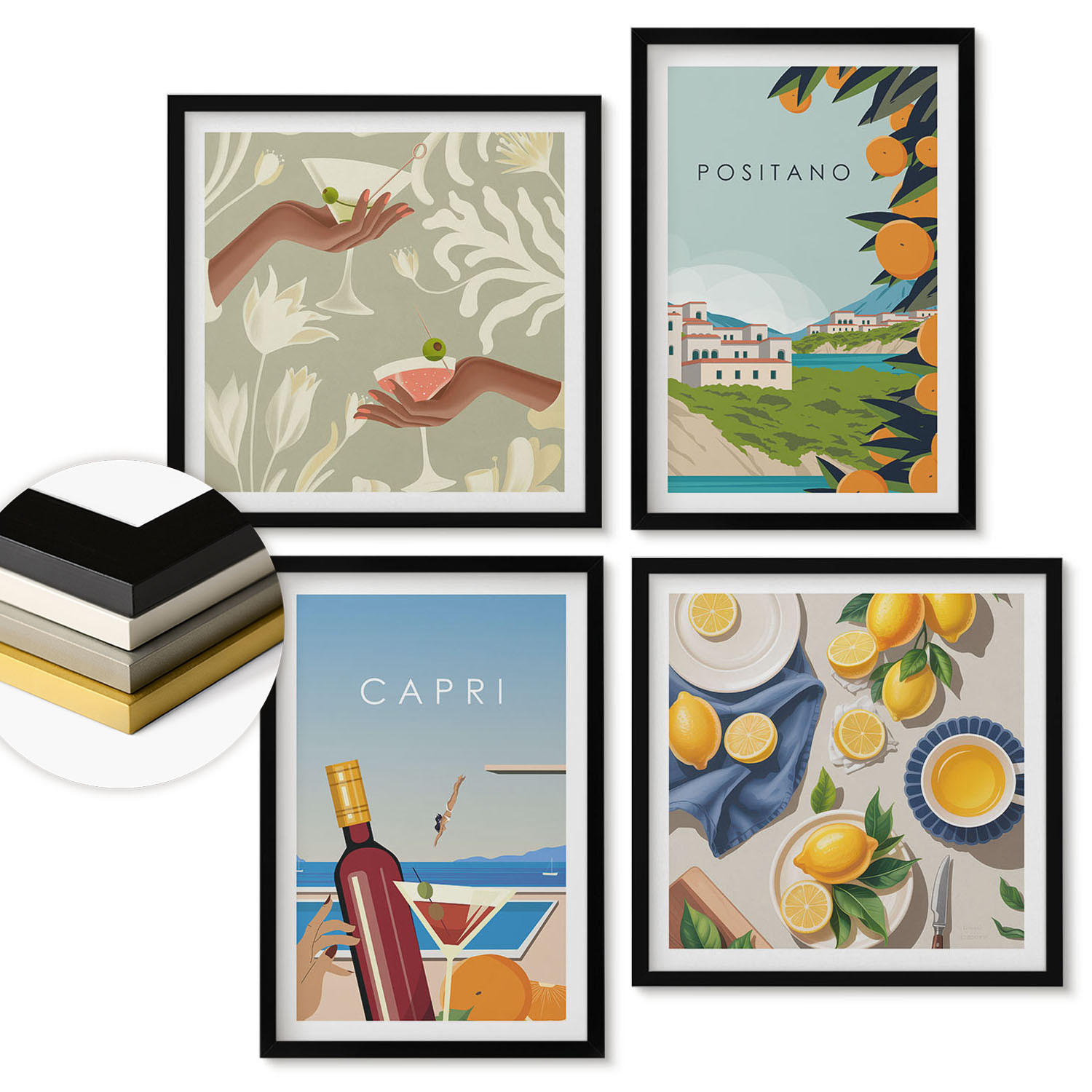 WANDBILDER 4er-Set - 50x50 cm & 40x60 cm Schwarzer Rahmen - Italienische Zitronenurlaube Capri - Schwarz, Kunststoff (50/50cm) - ArtPrintCave
