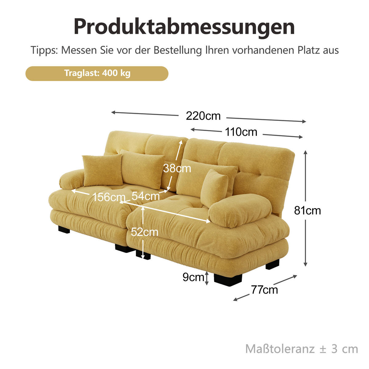 SCHLAFSOFA mit runden Armlehnen, 4 Kissen und Massivholzrahmen in Gelb - Gelb, Textil (220/81/77cm) - EVRYAE