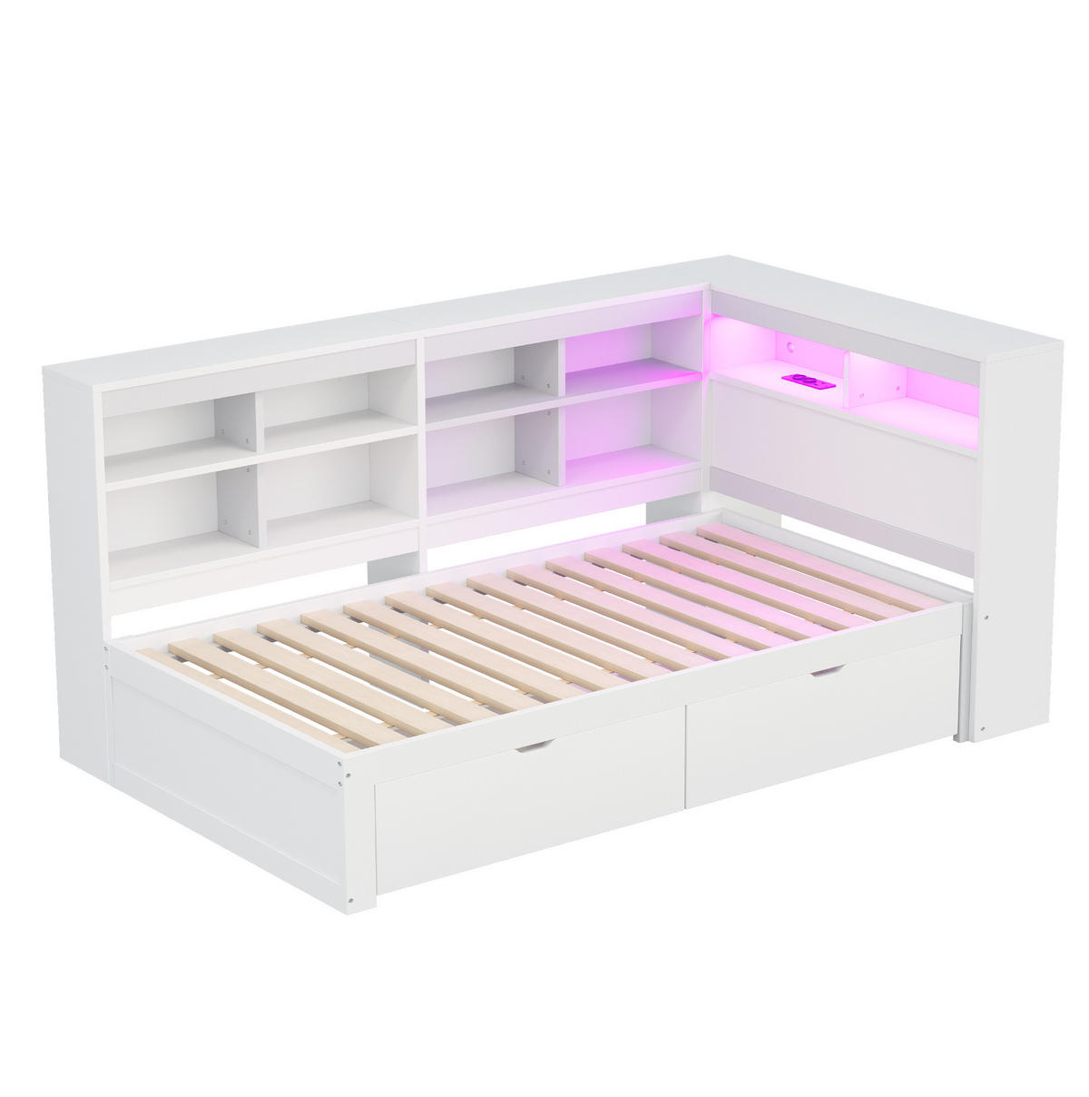 POSTEĽ z masívneho dreva, 90/200 cm biela, s úložným priestorom a LED - biela, kompozitné drevo (90/200cm) - BEAOK