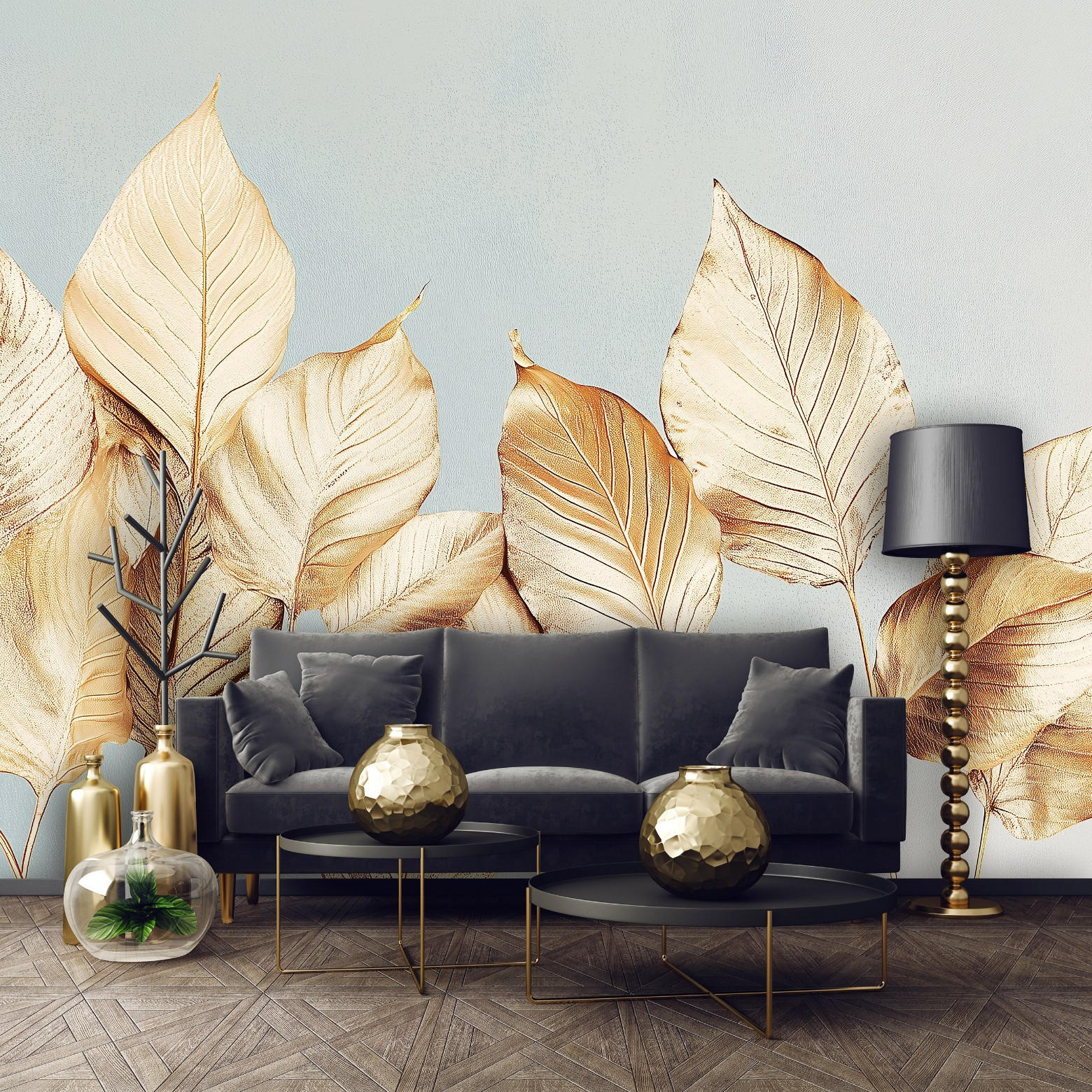 FOTOTAPETE Blätter Gold Vlies Tapete Wohnzimmer 350x250 - Multicolor, Papier (350/250cm) - Wallarena