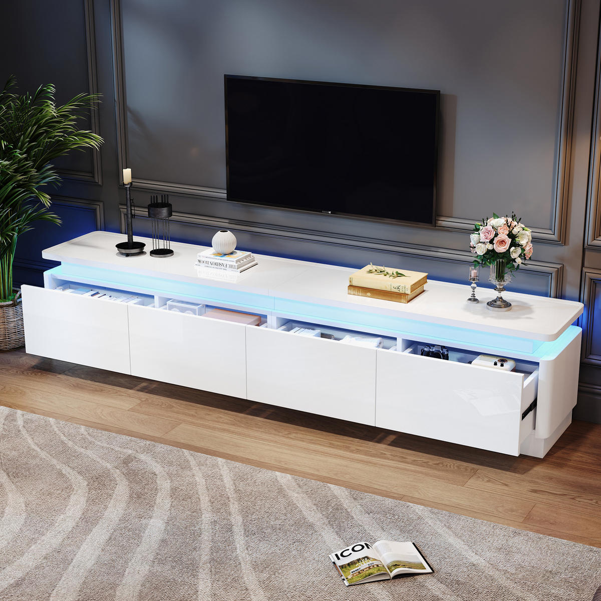 TV-LOWBOARD aus Spanplatte 180x34x40 cm Weiß mit LED-Beleuchtung, 4 Schubladen und Hochglanzfront - Weiß, Holzwerkstoff (180/40/34cm) - Modfu