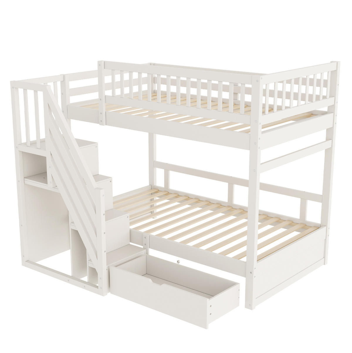 ETAGENBETT aus 90x200 cm Weiß mit Lattenrost, Sicherheitsgeländer, Treppe mit Stauraum und Schublade - Weiß, Holzwerkstoff (90/200cm) - Modfu