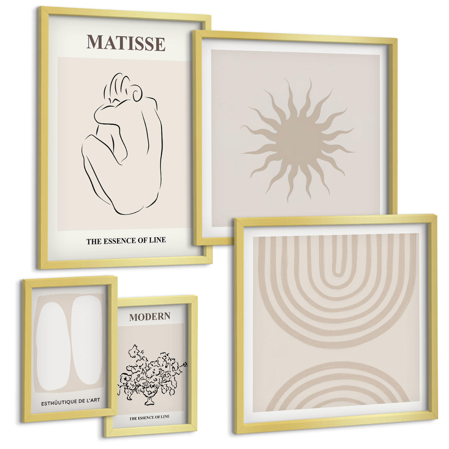 BILDER SET 5er Set - 50x50 cm & 20x30 cm & 40x60 cm Goldrahmen - Stilvolle minimalistische Linien - Goldfarben, Kunststoff (40/60cm) - TULUP
