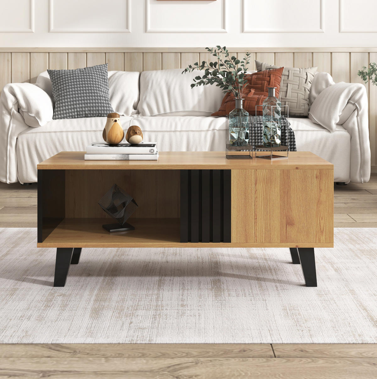 COUCHTISCH, Glas & Spanplatte, naturfarbene Platte mit schwarzen Beinen, großes Staufach, 100/60/45 cm, Schwarz und Holz - Naturfarben, Holzwerkstoff (100/60/45cm) - Redom