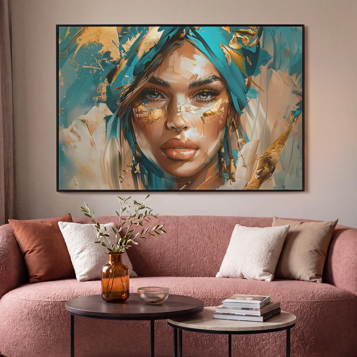 LEINWAND Bilder mit Rahmen - Frau - Porträt - Gold - Luxus - Blau - 120x80 - Türkis, Textil (120/80cm) - MuchoWow