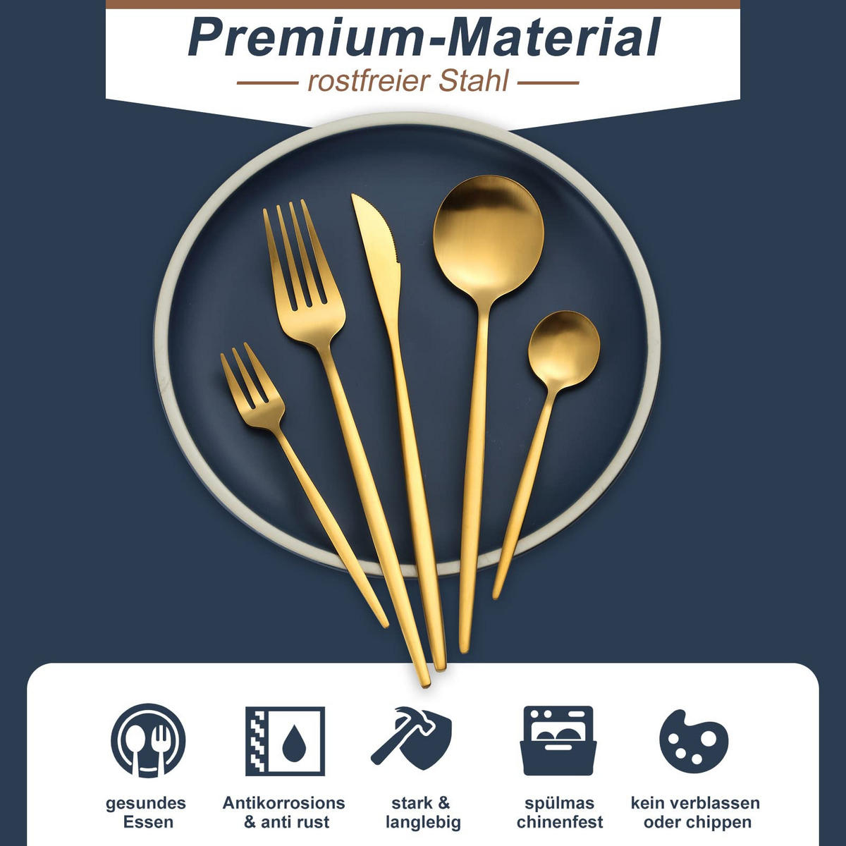 BESTECKSET 6 Personen 30-teilig Edelstahl, Spülmaschinenfest - Goldfarben, Metall - Kaket