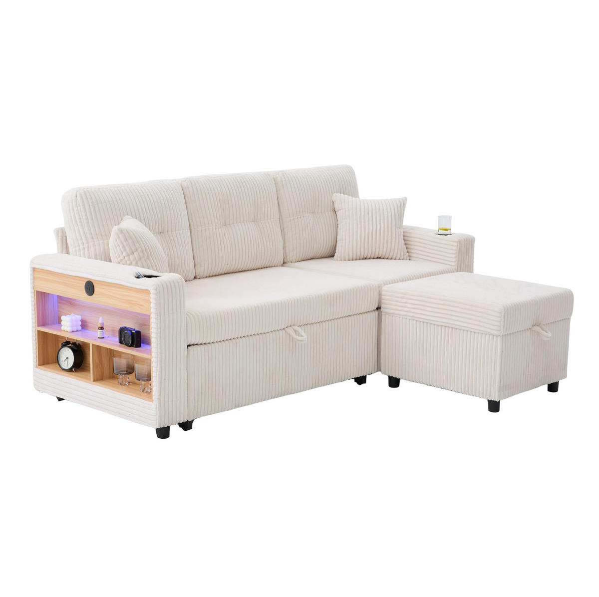SCHLAFSOFA aus Cord 196x82-144x85 cm Beige mit Stauraum, USB-C, LED-Beleuchtung, Getränkehaltern und Ausziehfunktion - Beige, Textil (82/85/196cm) - Modfu