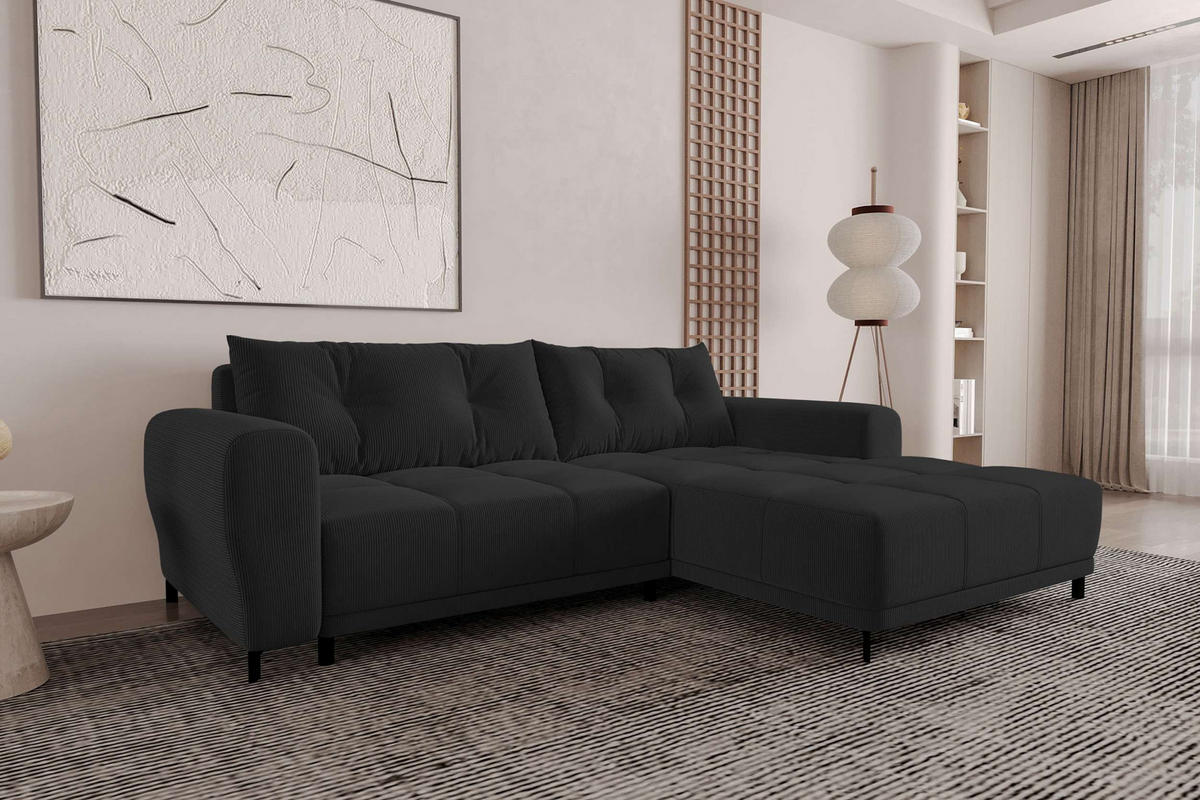 ECKSOFA Massimo Cordstoff Schwarz inkl. Schlaffunktion Rechts - Schwarz, Textil/Metall (246/177cm) - 99rooms