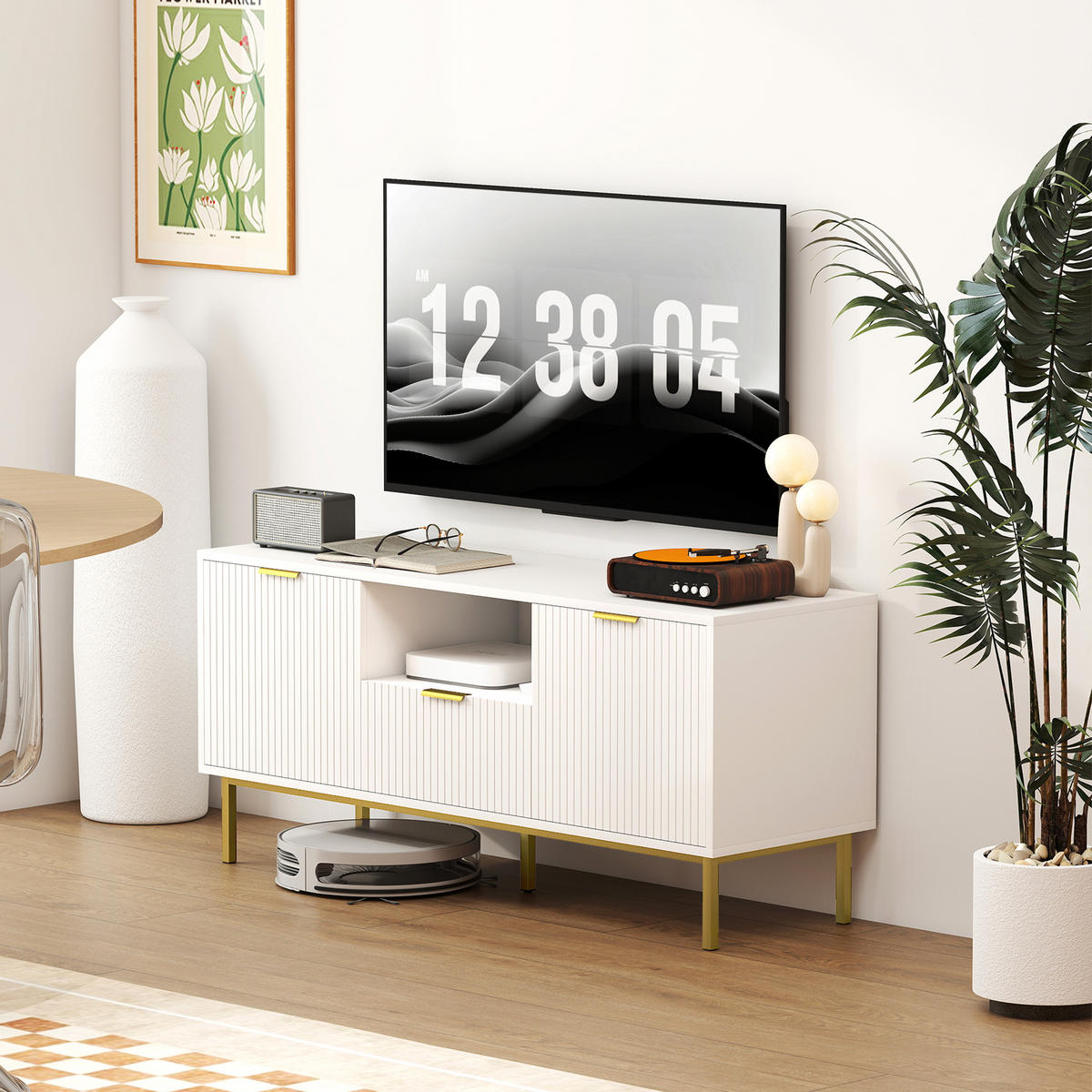 TV-LOWBOARD Weiß 120/39/54 cm, Soft-Close, Metallfüße, geriffelte Türen - Weiß, Holzwerkstoff (120/54/39cm) - PANGIVO