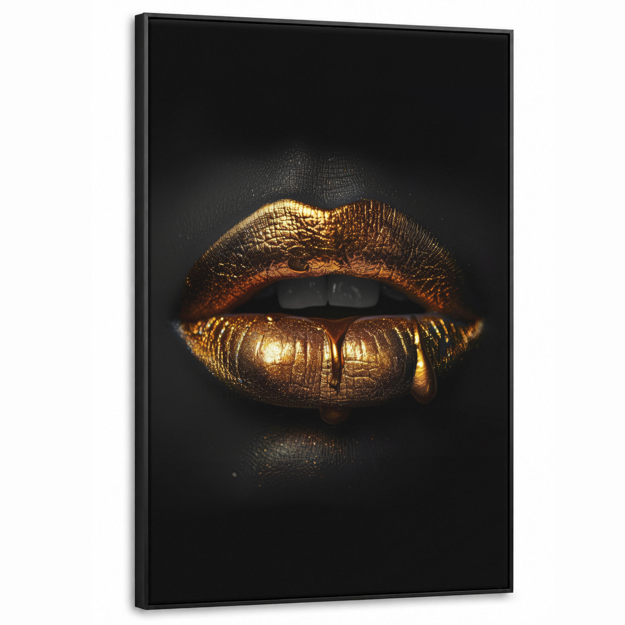 LEINWAND Bilder mit Rahmen - Frau - Porträt - Lippen - Gold - Schwarz - 90x140 - Schwarz, Textil (90/140cm) - MuchoWow