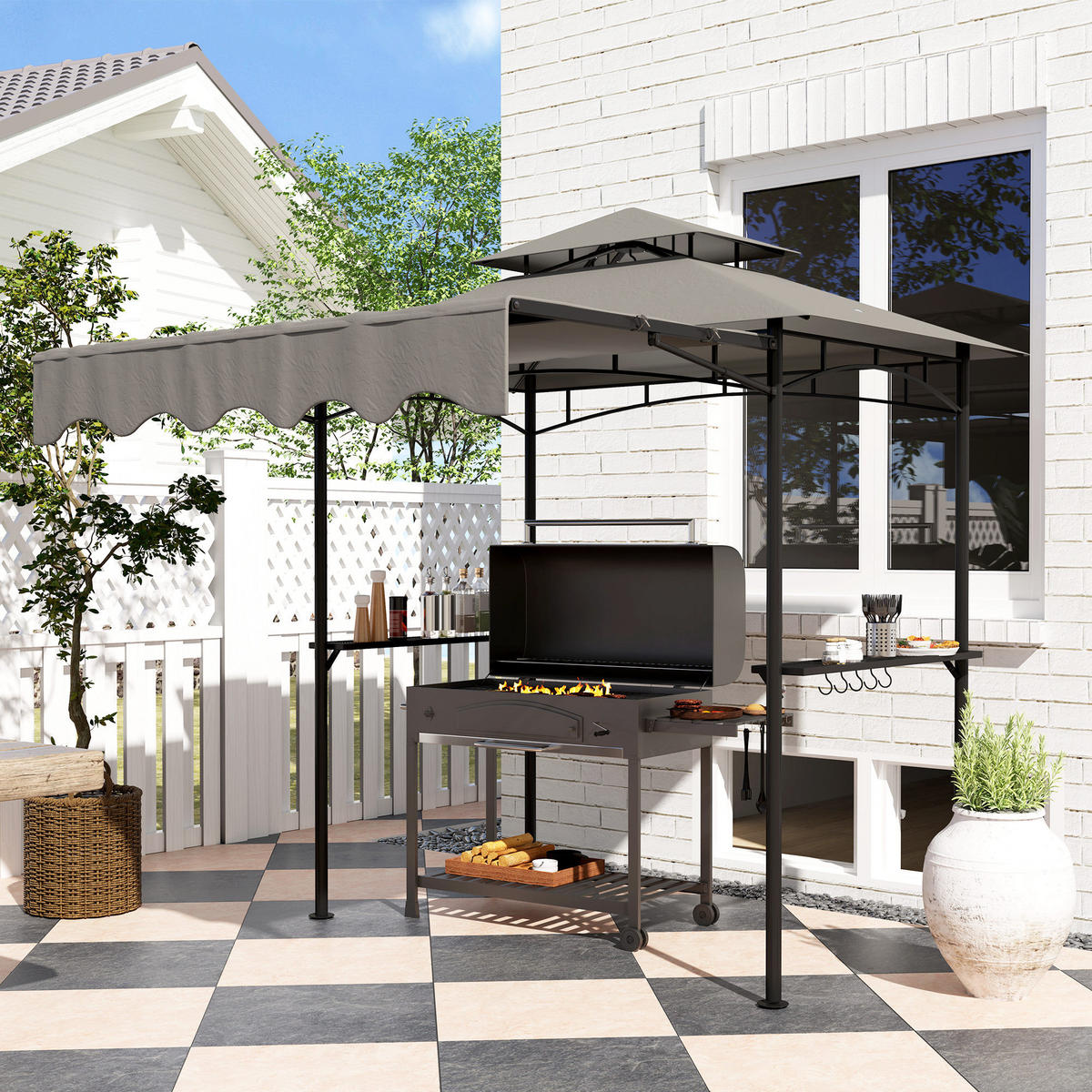 GRILLPAVILLON 242x232x248 cm wasserabweisend flammhemmend Gartenpavillon mit Doppelschichtdach Grau - Grau, Metall (242/248/232cm)