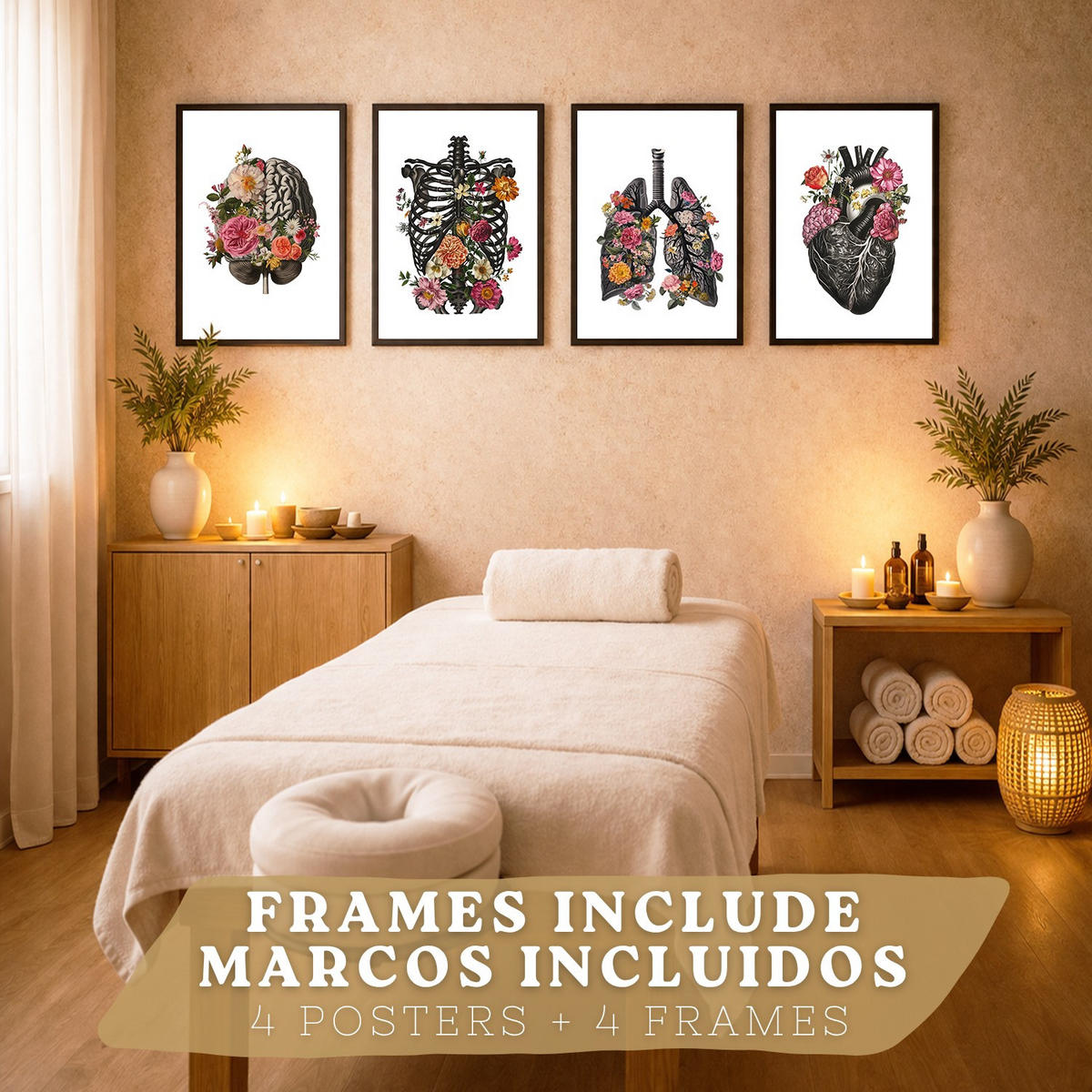 POSTER Set aus 4 Anatomie Drucke und Dekorative mit Gehirn Herz Lungen Atmungssystem Rippen Wirbelsäule Modernes Florales Größe Schwarzer Rahmen A3 - Schwarz, Papier (29.7/42/3cm) - Nacnic