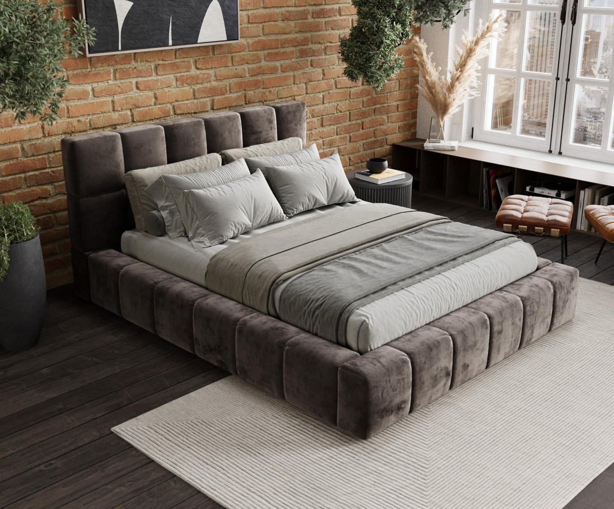 POLSTERBETT Kendal Dos Braun 160/200 cm im Chenille-Stoff - Schwarz/Naturfarben, Holz/Holzwerkstoff (160/200cm) - Maison de Reve