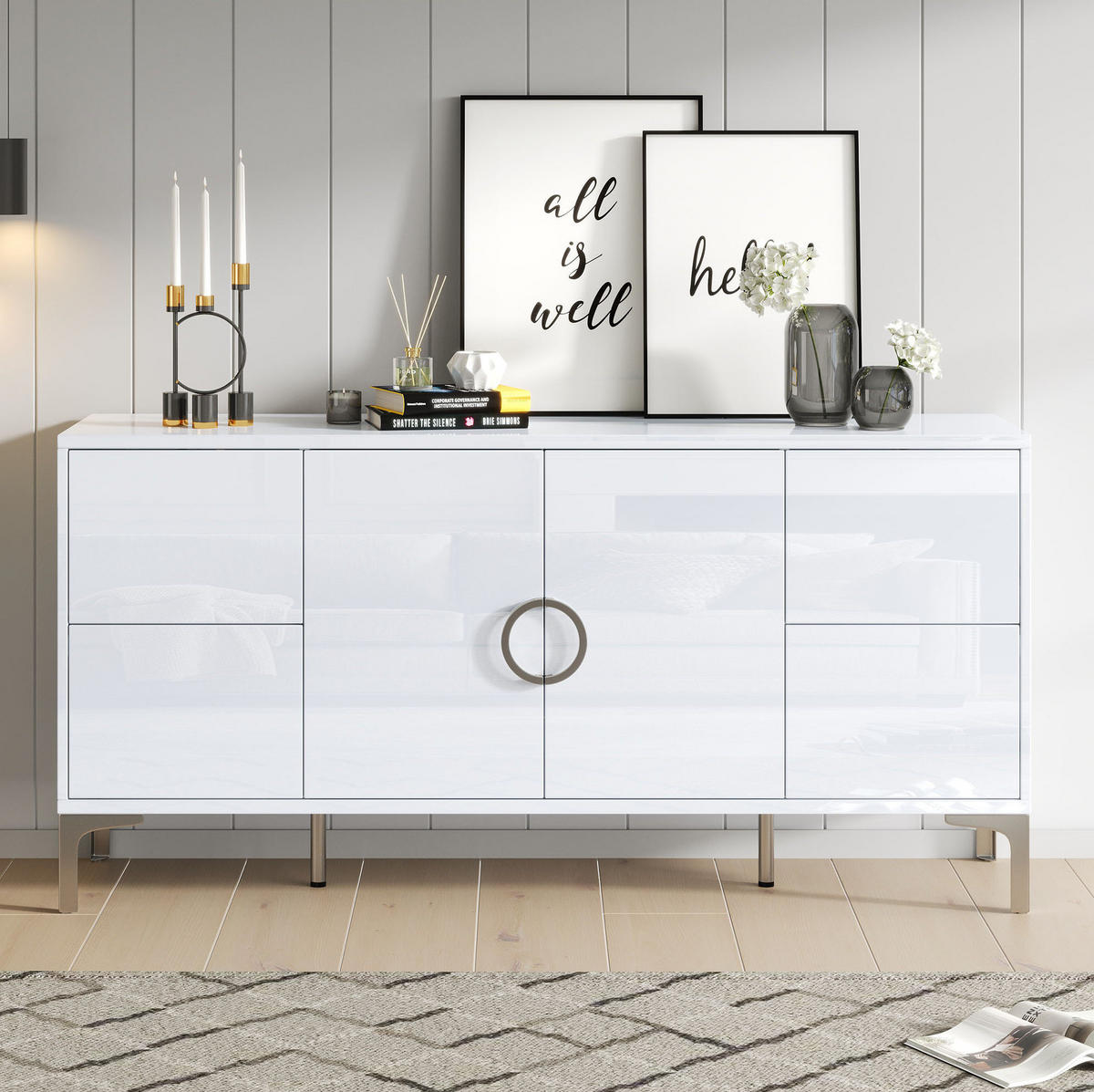 SIDEBOARD 150/38/59.5 cm Weiß aus MDF Hochglanz - Weiß, Holzwerkstoff (38/59.5/150cm) - OKMYHOME