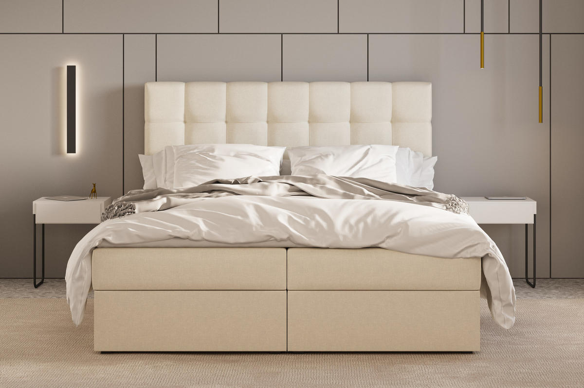 BOXBETT - Bett 05 OSLO - Hugo - 140x200 cm - mit Bettkasten und Waschbarem Topper - Beige, Holz (140/200cm) - ROYAL24_MARKT