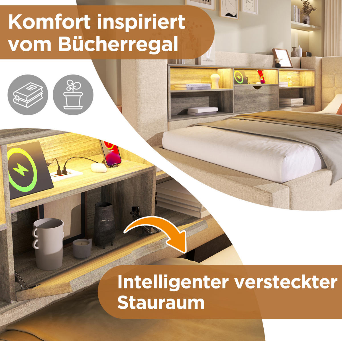 BETT mit Ausziehbett und Stauraum 90x200 cm Leinen Beige - Beige, Metall (90/200cm) - Meubliv